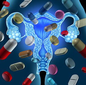 排卵生育医学治疗孕症的,药物生殖药物药丸胶囊漂浮人类女子宫器官上背景