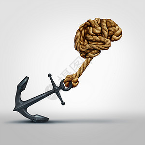 行动迟缓的大脑力量绳索,形状为人类思维器官,拉着个沉重的锚,认知功能的象征,并教育学锻炼来增强头脑背景