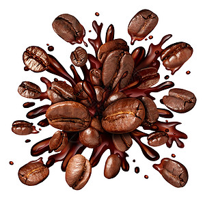 咖啡豆飞溅咖啡飞溅与咖啡豆飞出来,个黑暗的烘焙酿造与飞溅溅出新鲜的热煮液体,早餐饮料的象征,隔离白色的背景上背景