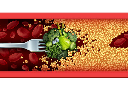 路通食品医学的自然的治疗补救叉子与绿色蔬菜水果突破阻塞的动脉与胆固醇医疗营养象征,以健康的饮食方式背景
