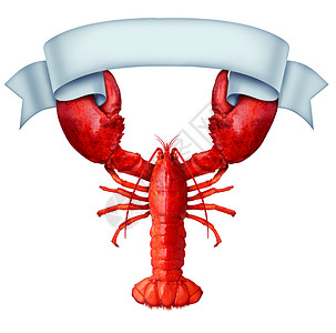 肉丝带底龙虾横幅丝带,爪子着个空白的标志,个新鲜的海鲜信息贝类食品,红色贝壳甲壳动物隔离白色的背景背景