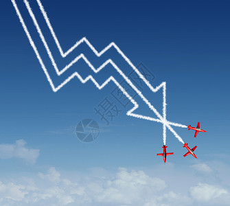 直线箭头金融跳水商业空中表演杂技喷气式飞机,创造了个烟雾模式,形状为金融图表下降利润损失图表与向下箭头背景