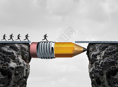 商业成功的象征逆境,群人个悬崖跑另个悬崖,借助铅笔桥梁的,弥合差距,以实现个目标图片