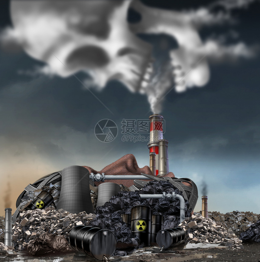 烟雾象征着个肮脏的工业工厂,垃圾烟雾堆个像人的脸形状的核电站,用空气中的素头骨污染环境图片