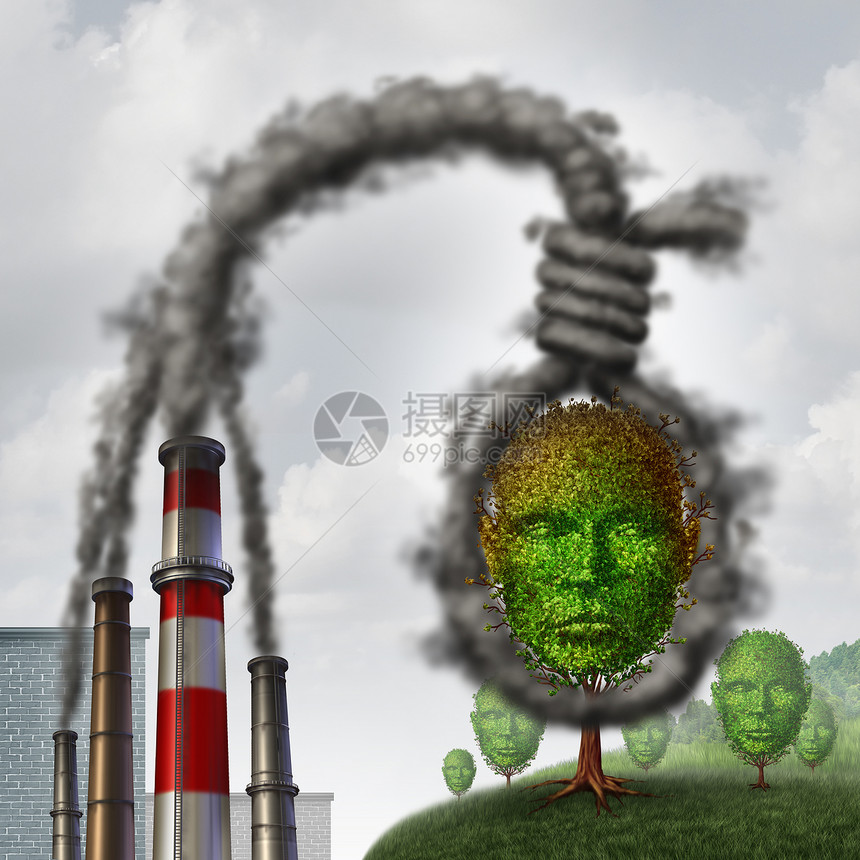 环境自工业肮脏污染,形状像绳子,绞索,窒息棵树,形状像人头,比喻空气排放的危险环境气候的影响图片