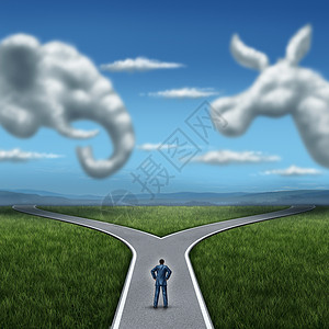 共民主的,美国大选的斗争,两朵云,形状像大象驴子的象征,与选民个交叉的道路上,为美国的投票赢得选举背景图片