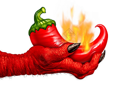 魔鬼辣椒辣椒魔鬼手种红色辣椒火焰中燃烧,被只食物的象征,用于白色背景上隔离的辛辣调味烹饪背景