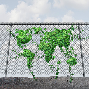 地球日的环境保护的象征,个链环篱笆与个生长的绿叶藤蔓,形状世界全球的地球,春天的象征背景图片