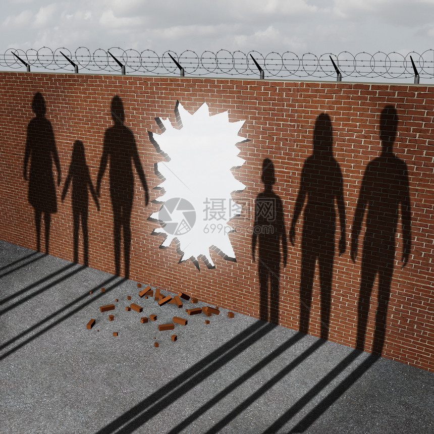 开放的移民移民政策涉及难民危机移民问题,个破碎的边界墙,个入口洞,移民的隐喻图片