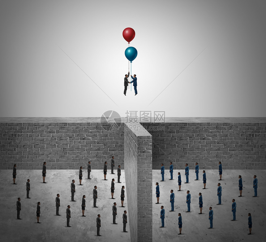 商业成功协议的两人被堵墙隔开,商业领袖用气球越过障碍,3D插图风格中的成功隐喻图片