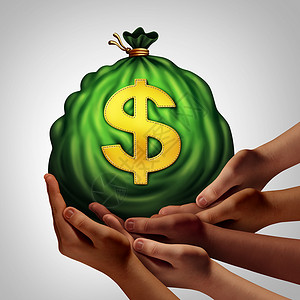 征税的手社区银行集金融队的象征手握袋钱,金融众筹的隐喻,以3D插图风格设计图片