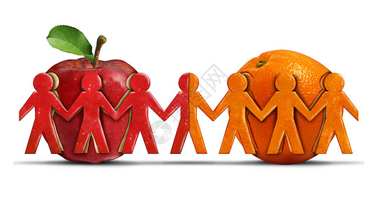 苹果icon苹果橘子两个同群体的宽容友谊的象征,被塑造成人们的偶像,个多样化的队,以3D插图风格聚集背景
