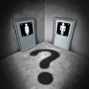 易装癖变问题的别认同符号别重新分配手术的想法,个女男浴室门与问号阴影个隐喻混乱个3D照明背景