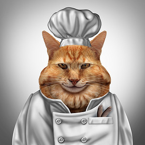 猫厨师幽默的,个胖猫穿着厨师制服,口袋里羽毛,兽医宠物营养符号与3D插图图片