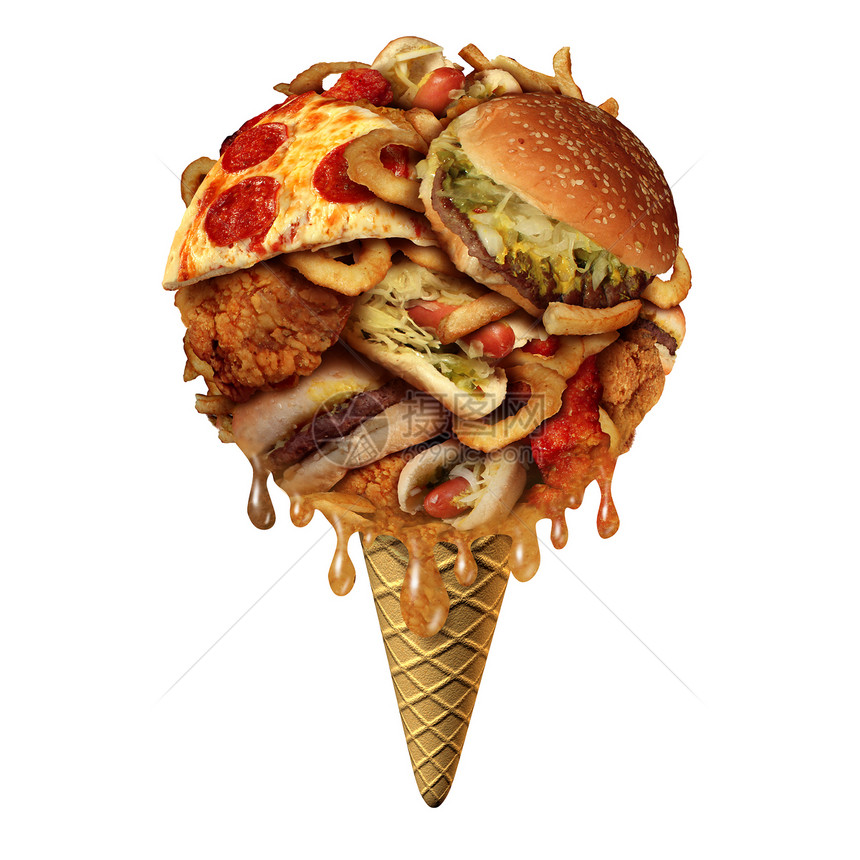 夏季垃圾食品的健康的待,就像油炸小吃,形状像冰淇淋锥上,健康健康的比喻,炎热的月份,良的饮食惯与3D插图图片
