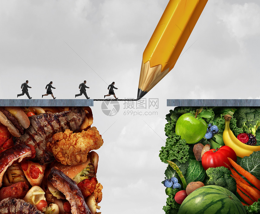 变为素食主义者,并过渡素食的生活方式,因为群超重的人跑过铅笔画桥,肉类油腻的垃圾食品新鲜的水果蔬菜,3D插图元素图片