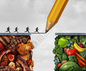 圆规铅笔画元素变为素食主义者,并过渡素食的生活方式,因为群超重的人跑过铅笔画桥,肉类油腻的垃圾食品新鲜的水果蔬菜,3D插图元素背景