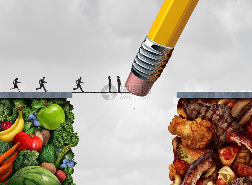 控制食物诱惑的饮食营养管理的象征,群跑步的人健康的水果蔬菜上试图越过脂肪零食,但铅笔橡皮擦阻止他们的方式与3D图片