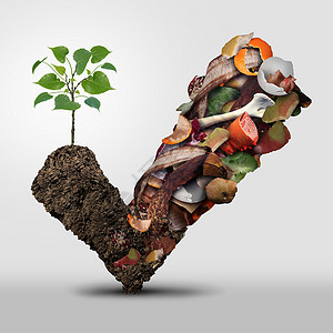 残羹堆肥符号生命周期符号堆肥阶段系统的,堆腐烂的水果,鸡蛋,贝壳,骨头蔬菜食品废料,形状个检查标记与土壤,导致生背景
