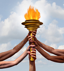 人们着火炬火焰符号,群同的运动员社区成员,举个紧身衣物体进行体育仪式,者用3D插图元素友谊的灯塔背景图片