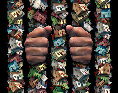 房子监狱的,囚犯监狱后,由家庭房地产住宅图标抵押债务金融贷款负担符号与三维插图元素背景图片