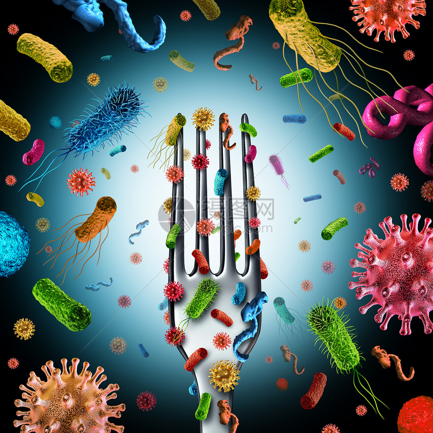 食物上的细菌细菌餐具叉,表危险的细胞,如李斯特沙门氏菌引中,疾病健康医学的象征,三维插图图片