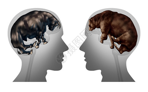 商业市场投资思维投资者心理购买出售股票的建议的象征,金融多头熊的形状,个人脑的金融隐喻与3D插图元素的投资理图片