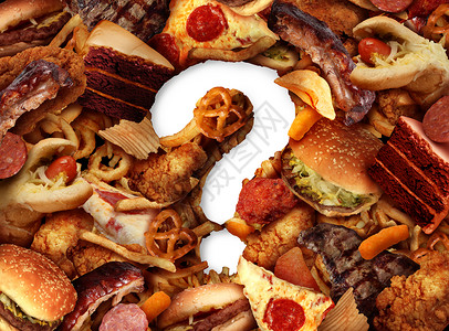 健康的食物选择节食问题饮食忧虑与油腻的油炸快餐汉堡热狗与炸鸡蛋糕比萨饼形状个问号,吃确定的三维插图风背景图片