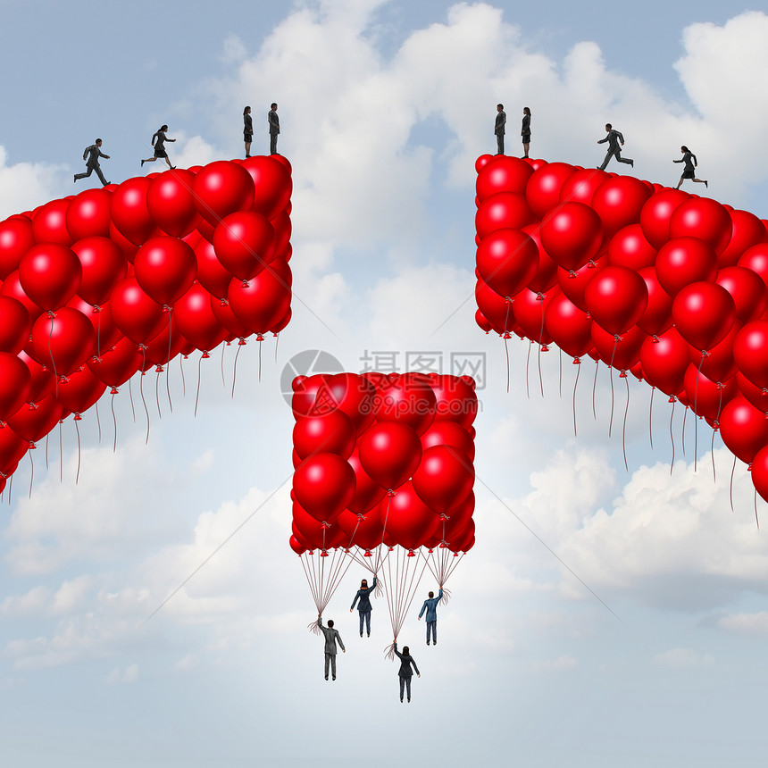 管理队的商业气球,它被塑造成座断桥,领导者们用气球收集来弥合差距,种解决方案,隐喻队合作3D插图元素图片