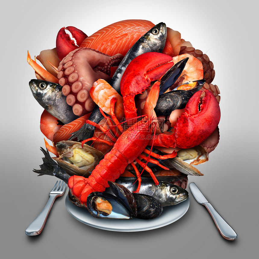 海鲜盘子的贝类甲壳类动物鱼类聚集,个晚餐的地方,种新鲜的美味的食物,海洋中,龙虾,蒸蛤,贻贝,虾,图片