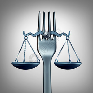 食品法法律法规,厨房叉子形状为正义的尺度,营养检查的象征,饮食立法规则三维插图背景图片