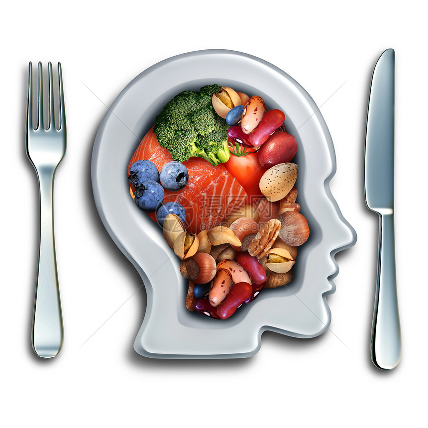 大脑食物,以提高脑力营养的,营养坚果,鱼,蔬菜浆果,富含欧米茄3脂肪酸,维生素矿物质,为精神健康与3D插图元素图片