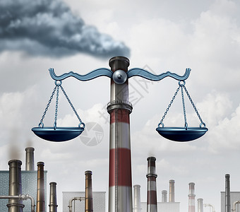环境法标志种工业烟雾堆,形状为正义尺度,比喻污染法规清洁空气立法与三维插图元素背景图片