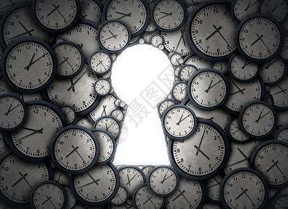 时间密钥解决方案时钟象,形状为个开放的锁孔,个成功的比喻,访问时区管理的业务时间表个3D插图背景