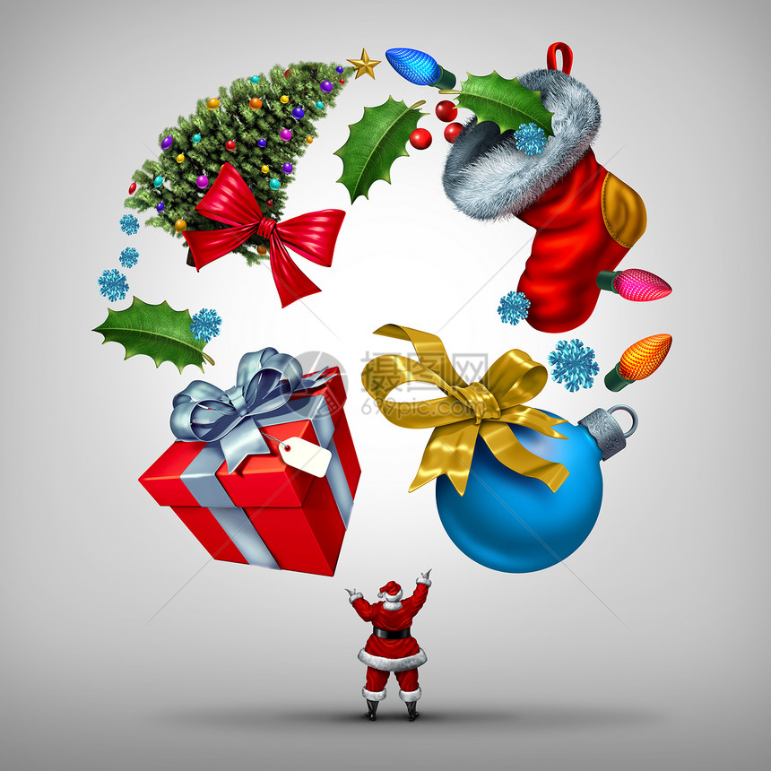 诞假期计划新庆祝活动,诞老人条款,杂耍诞物品礼物树与冬季节日物品,如灯诞节装饰与3D插图元素图片
