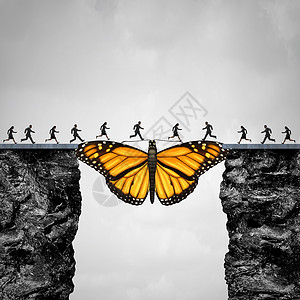 移居机会过渡迁徙只蝴蝶,两个悬崖的桥梁,让人们他们的旅程,希望信仰的象征与三维插图元素背景