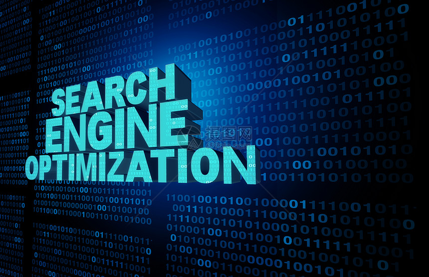 搜索引擎优化符号SEO技术背景文本,表示进制代码的数据背景上的互联网数据搜索解决方案,网站软件图标三维插图图片