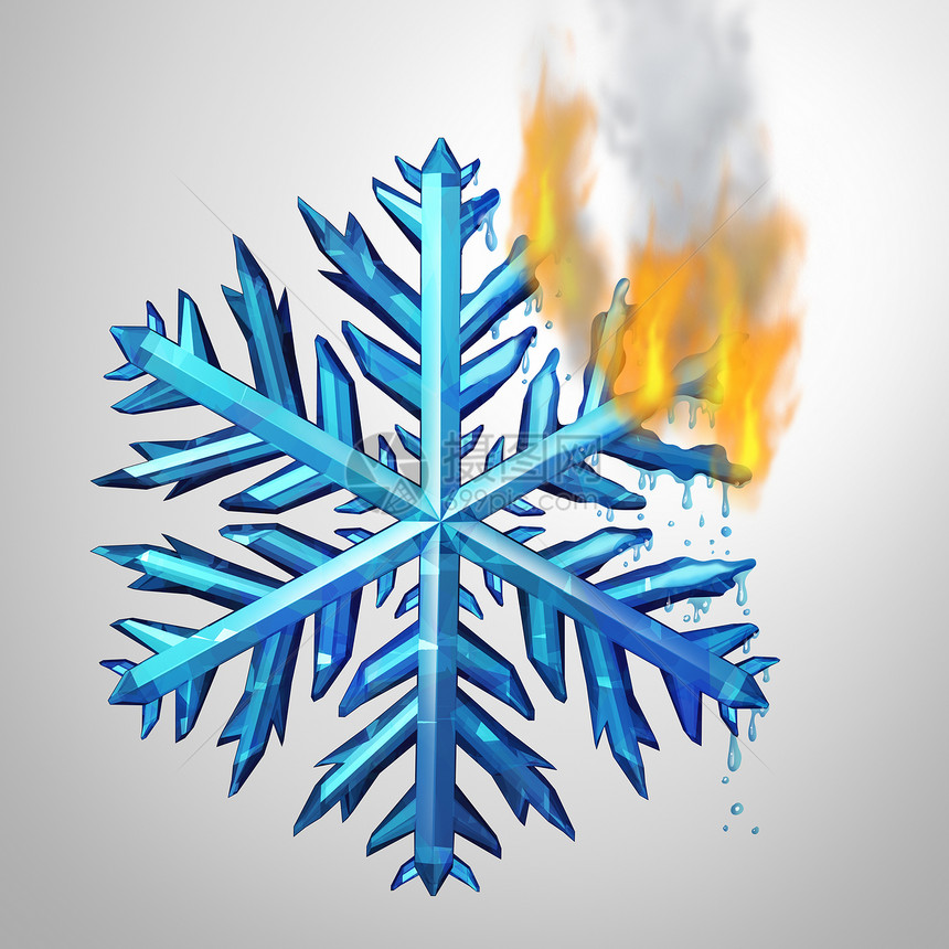 变化的气候种冻结的冰晶雪花火焰中融化燃烧,改变天气温度全球温室效应的环境隐喻,3D插图图片