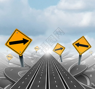 正确的道路许多通往成功的道路明确的集战略解决方案,为商业领导提供了笔直的多条成功之路,选择了正确的战略道路,交通标志穿过错综复背景