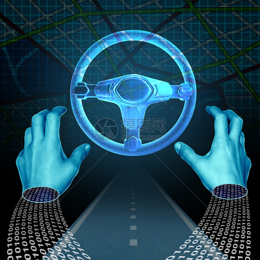 自动驾驶技术无人驾驶汽车符号个数字司机与进制代码道路上,离方向盘智能运输计算与三维插图元素图片