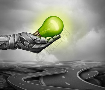 绿色驾驶由道路制成的手,着个发光的灯泡电能运输燃料经济技术的象征,插图图片