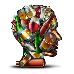 酒头酒精心理学酒精中啤酒葡萄酒硬酒杯,人类头部的象征,酒精紊乱成瘾的三维插图背景