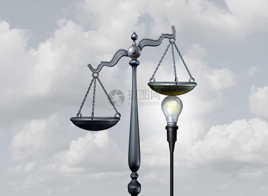 法律思想创造的正义个明亮的灯泡,以判断的规模为律师服务立法隐喻调解仲裁符号三维插图图片
