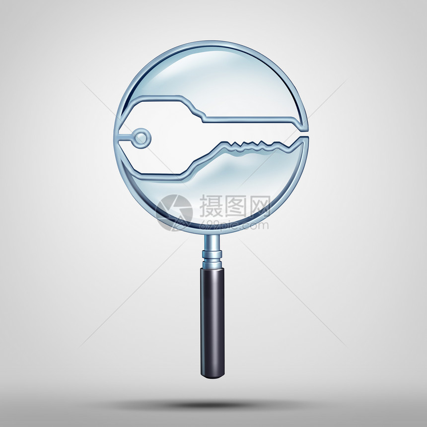 键搜索符号浏览器解决方案职业搜索成功符号放大镜形状为开放锁工具图标三维插图图片