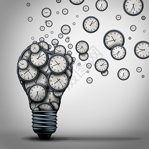 时间营销理念,业务培训教育理念,时钟象,形状为灯泡,传播交流时间表规划截止日期管理学个三维插图背景