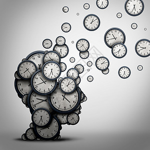 三维行程安排计划时间商业浪费分钟计时器时钟,形状为人头,心理调度压力的健康符号,痴呆损失衰老三维插图背景