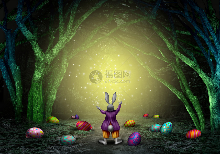 复活节魔术兔子与装饰的鸡蛋火花个迷人的魔法森林,个春季假日符号与3D插图元素图片