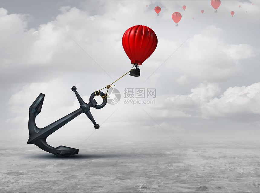 抑制隐喻个大锚,持压迫气球限制运动抑制商业隐喻,渴望成功的三维插图元素图片