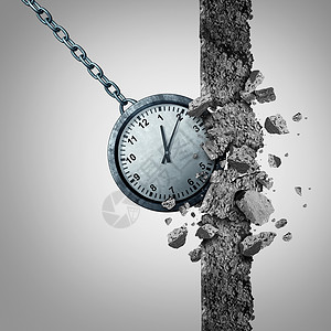 三维行程安排时限截止日期时间表个时钟形状为个破坏球,破坏打破水泥墙障碍个业务调度管理隐喻与三维插图元素背景