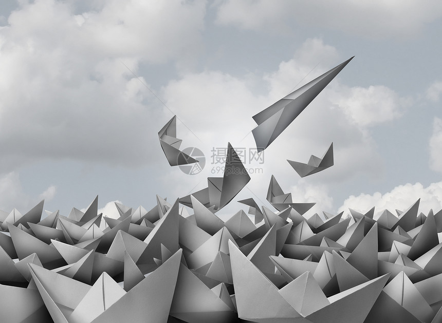 创新机会架纸飞机群折纸船中脱颖而出,商业成功的隐喻,战略上的变化演变,以3D插图风格取得成功图片